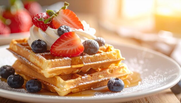 Golden Waffles with Fresh Fruit and Whipped Cream