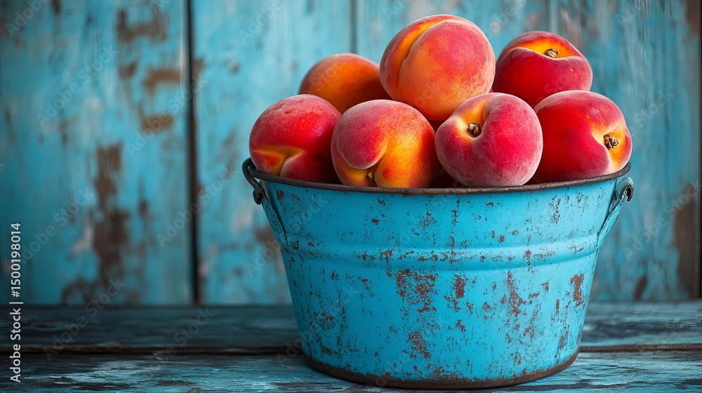 Poster peaches are arranged in a light blue bucket resting on a distressed wooden surface with a matching b