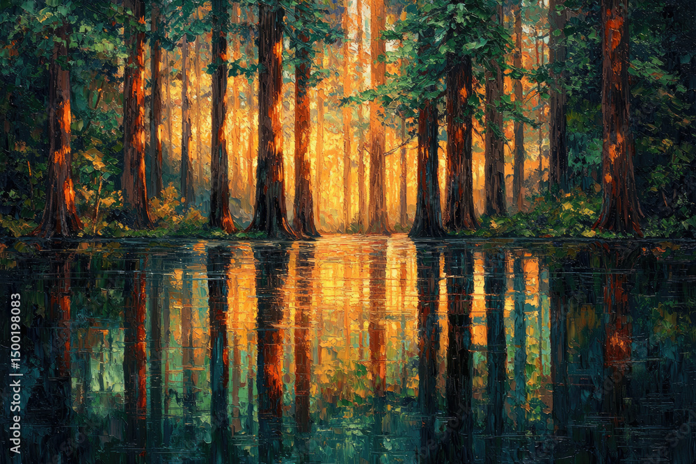 Aufkleber golden sunset illuminates tall redwood trees reflected in a still lake, creating a serene and magica