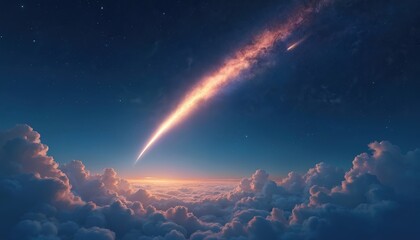 Illustration of comet with long tail, streaking across starry night sky. Wispy clouds drift, adding depth. Dreamlike space scene, celestial bodies. Meteor shower, universe, cosmos, science, astronomy.