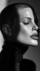 Serene woman, studio portrait, shadow, monochrome, beauty