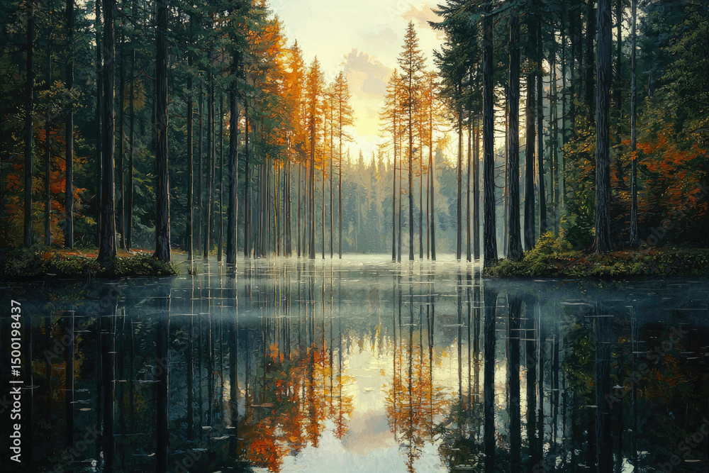 Poster serene autumn sunrise over a tranquil forest lake, reflected trees creating a magical mirror image.
