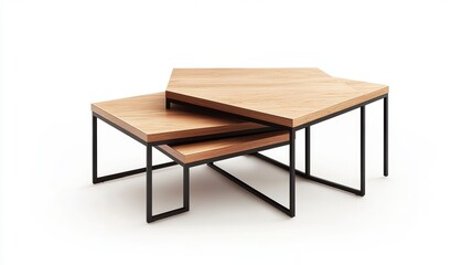 Modern nesting coffee tables with light wood tops and black metal frames on white background.
