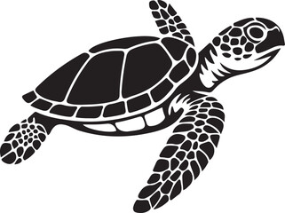 Bold sea turtle black white silhouette, Strong marine animal simple style