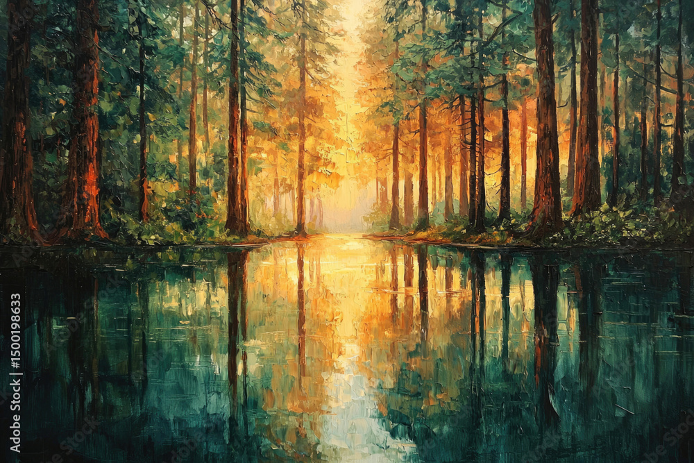 Poster serene sunset illuminating a tranquil forest lake, reflected trees creating a mirrored landscape.