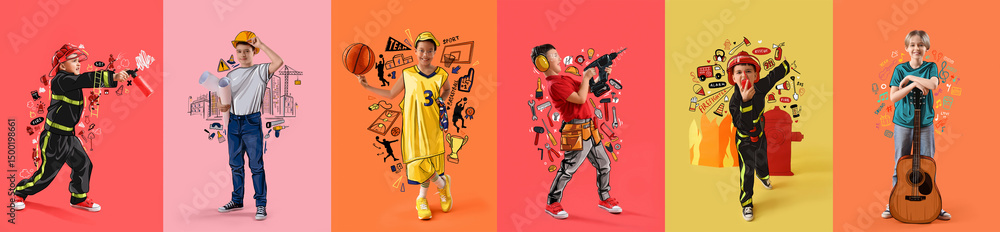 Poster set of little boys in uniforms of different professions on color background