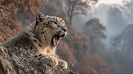 Snow Leopard Yawning Himalayan Cliffside Dawn