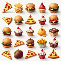 Collection food icons including pizza hamburger cupcakes. Icons are colorful stylized. Pizza, burger, cupcake, cake, fast food meal dessert illustration design concept.