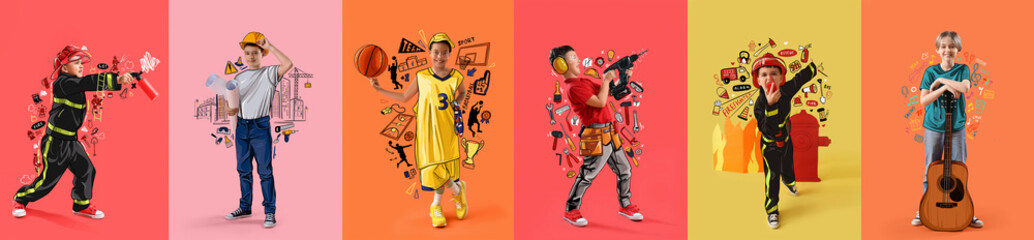 Set of little boys in uniforms of different professions on color background