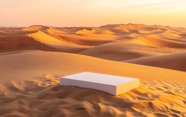 White Platform in Golden Desert Sand Dunes at Sunset