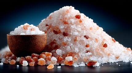 High-resolution macro photography of salt crystals in various forms &ndash; coarse, fine, Himalayan pink, sea salt