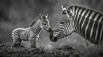 A close-up view of a zebra foal and its mother.