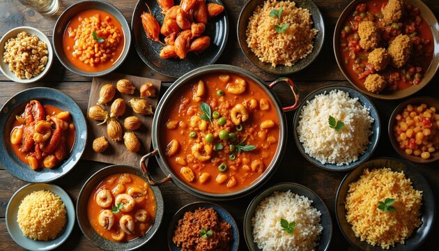 Feast traditional Portuguese dishes arranged on rustic wooden table. Diverse culinary heritage of Portugal, steaming, colorful plates of food. Hearty meal, family gathering for lunch dinner,