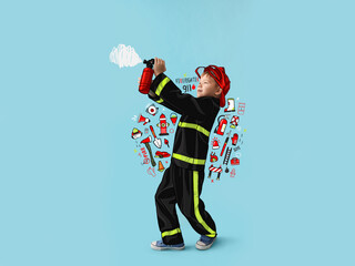 Cute little firefighter with toy extinguisher on blue background