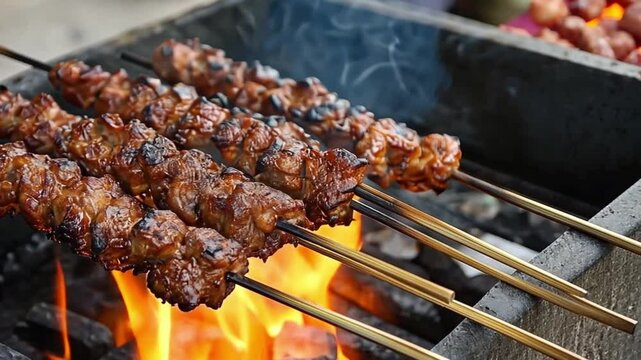 Juicy grilled skewers sizzling over an open flame with aromatic smoke