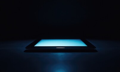 Tablet glowing in darkness displaying online video application interface. AI generated illustration.