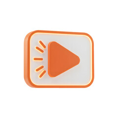 Orange play button icon with light reflection and shadow on a white tile
