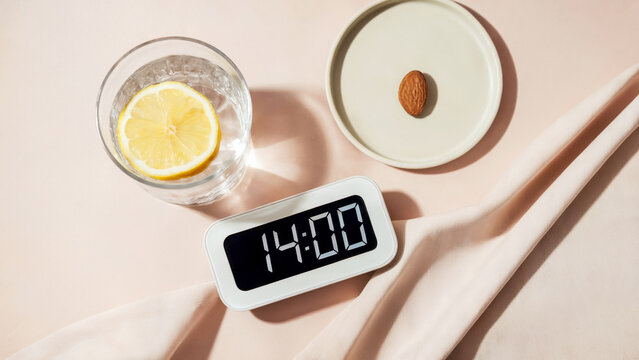 Flat lay with a digital fasting timer, glass of water with a lemon slice and plate with a single almond. Concept of intermittent fasting and metabolic health