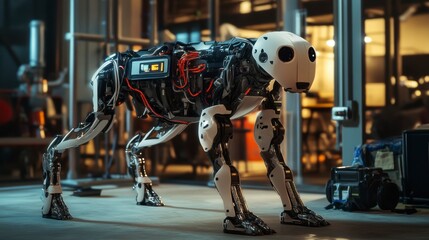 Robotic dog in a futuristic lab setting.