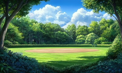 Peaceful baseball field surrounded by vibrant green landscape. AI generated illustration.