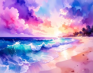 waves crashing on beach with sunset over ocean