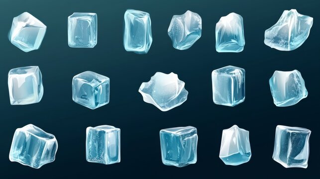 Ice cube vector illustration showing multiple transparent crystal-clear ice cubes floating in the air with full depth of field.