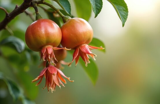 Close-up photo of pomegranate flowers, newly formed baby fruit on tree branch. Red flower with green leaves background, floral nature, natural beauty and freshness, healthy food harvesting.