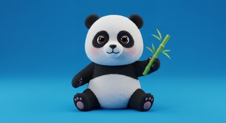 Naklejka premium Adorable Cartoon Panda Holding Bamboo Cute 3D Render