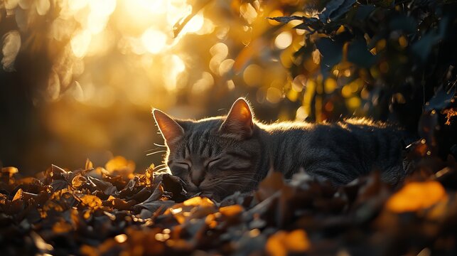 Sleeping tabby cat rests peacefully amidst fallen leaves during a golden hour sunset.