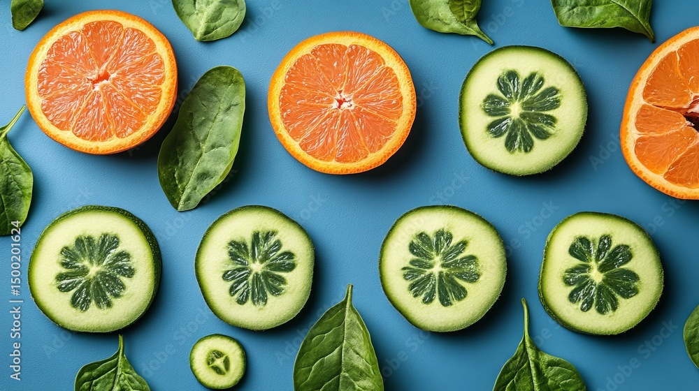 Poster sliced oranges and cucumbers are arranged with spinach leaves against a light blue background, creat