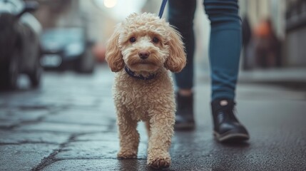 Small poodle is walking with its owner on a wet paved city street while on a leash.