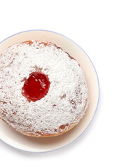 Tasty donut with jam for Hanukkah celebration on white background