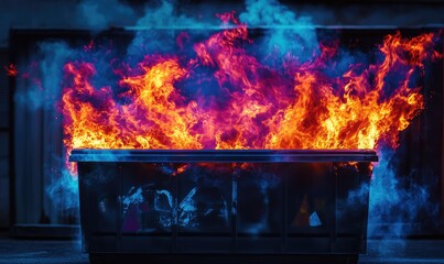Obraz premium Dumpster fire spiraling out of control, intense flames beyond containment. AI generated illustration.
