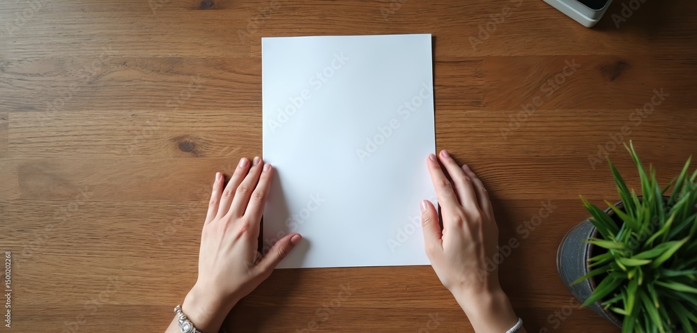 Aufkleber Top-view shot of hands holding blank white paper sheet on wood desk. Workspace with empty paper for message, letter, text, note, design. Creative writing, office work concept.