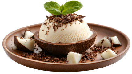 A dessert with ice cream and chocolate chips on top of a brown plate