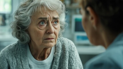 Worried senior woman's emotional expression during medical consultation in clinic