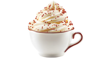 A white cup with white frosting and red sprinkles on top