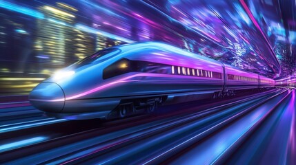 High-speed train speeding through a vibrant city at night. (1)
