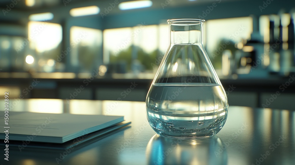 Poster an erlenmeyer flask filled with liquid is positioned on a laboratory table