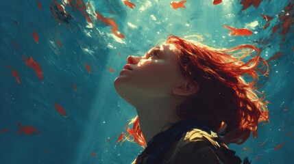 Underwater girl, red hair, fish, sunlight, ocean, fantasy, art, surreal, game