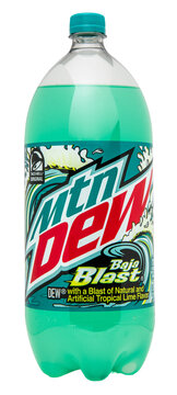 Plastic bottle of Mtn Dew Baja Blast flavor soda isolated on a transparent background. with a blast of natural & artificial tropical lime flavor	

