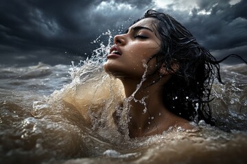 Obraz premium On a cloudy day, a young woman is hit by splashing ocean waves