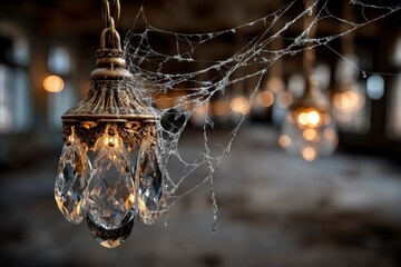 Elegant Chandelier with Spider Web Vintage Lighting Fixture in a Haunted Atmosphere