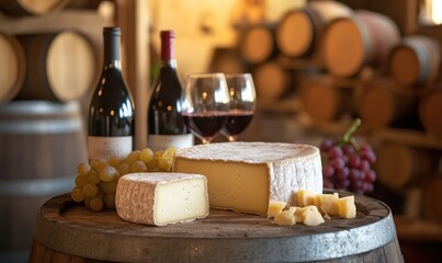 Naklejka premium Cheese aging process in a winery setting, showcasing natural maturation. AI generated illustration.
