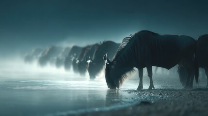 Wildebeest herd drinking, misty dawn, savanna
