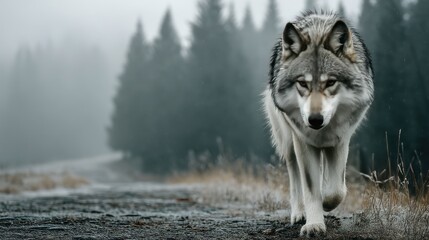 Wolf walking forest path, misty morning, wildlife