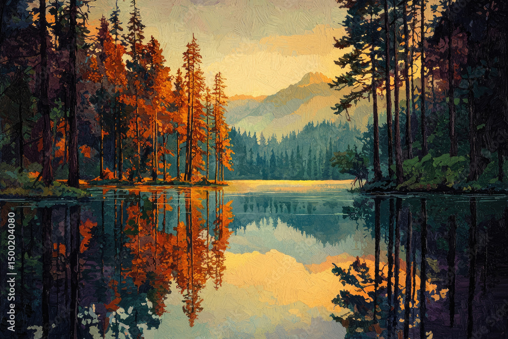 Poster serene autumn landscape with vibrant trees reflected in a calm lake, mountains in the background.