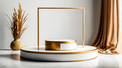 Elegant Gold and White Product Display Platform with Pampas Grass