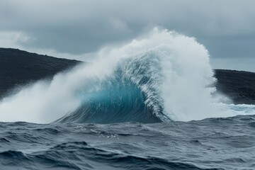 An underwater explosion in turbulent waters creates a massive column of water