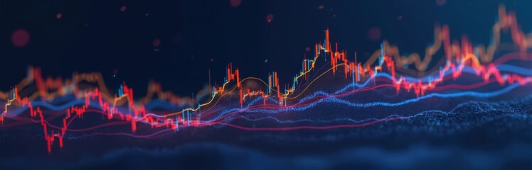 Stock market chart with multi-colored lines against blue backdrop. Financial data, economic trends, business, investment analysis, growth, market volatility, data visualization visible. Empty space